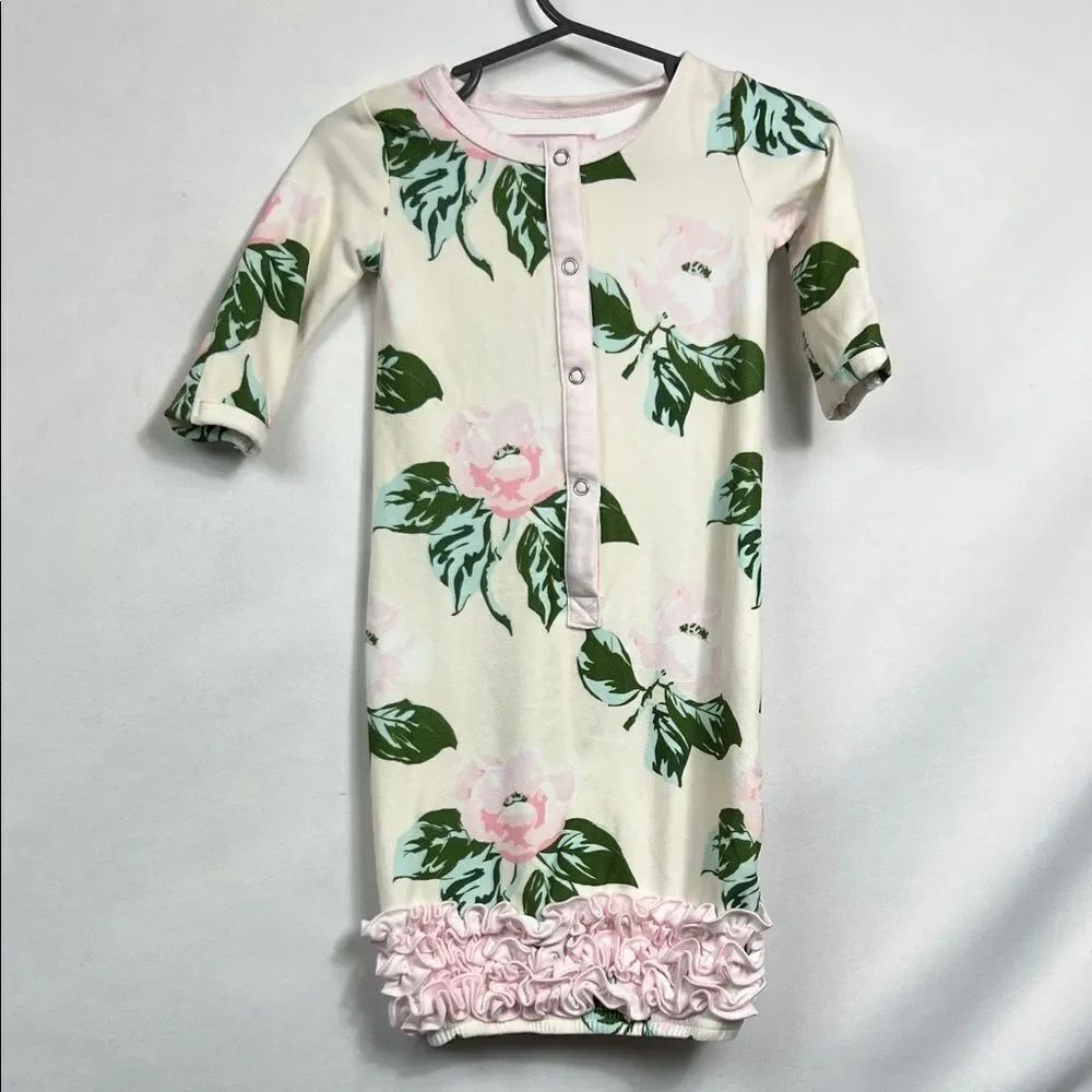 Sweet Honey Cream and Pink floral sleep gown with ruffle bottom size 6 months